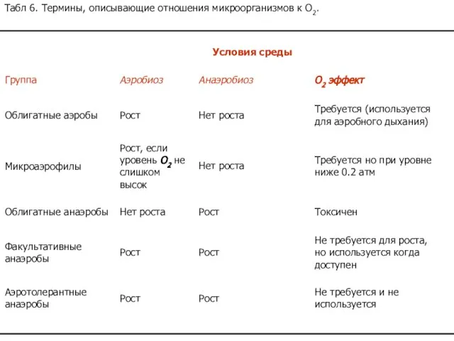 Табл 6. Термины, описывающие отношения микроорганизмов к O2.