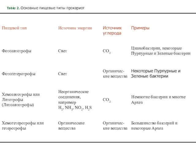 Table 2. Основные пищевые типы прокариот