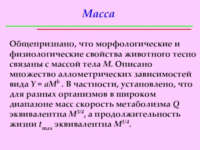 Общепризнано, что морфологические и физиологические свойства животного тесно связаны с массой тела