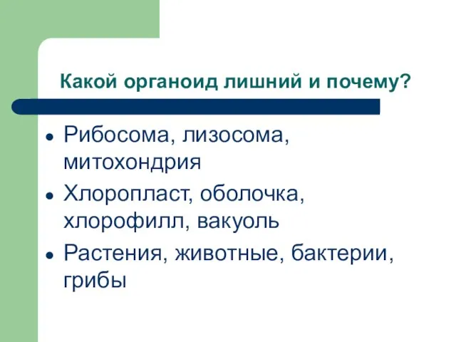 Какой органоид лишний и почему? Рибосома, лизосома, митохондрия Хлоропласт, оболочка, хлорофилл, вакуоль Растения, животные, бактерии, грибы