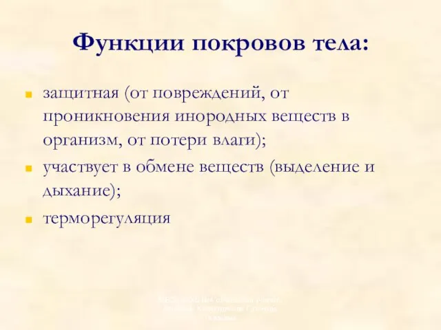 Функции покровов тела: защитная (от повреждений, от проникновения инородных веществ в организм,