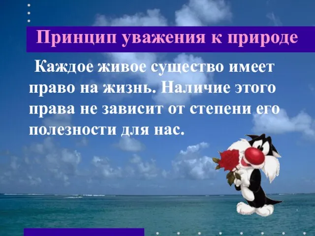 Принцип уважения к природе Каждое живое существо имеет право на жизнь. Наличие