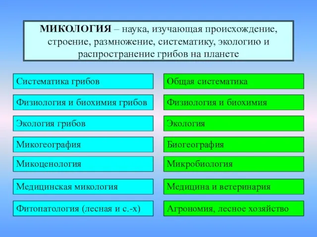 МИКОЛОГИЯ – наука, изучающая происхождение, строение, размножение, систематику, экологию и распространение грибов на планете