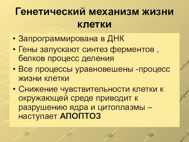 Генетический механизм жизни клетки Запрограммирована в ДНК Гены запускают синтез ферментов ,