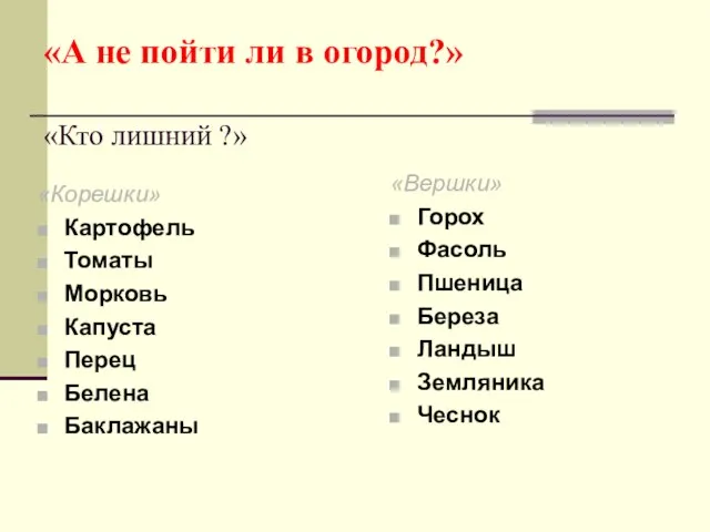 «А не пойти ли в огород?» «Кто лишний ?» «Корешки» Картофель Томаты