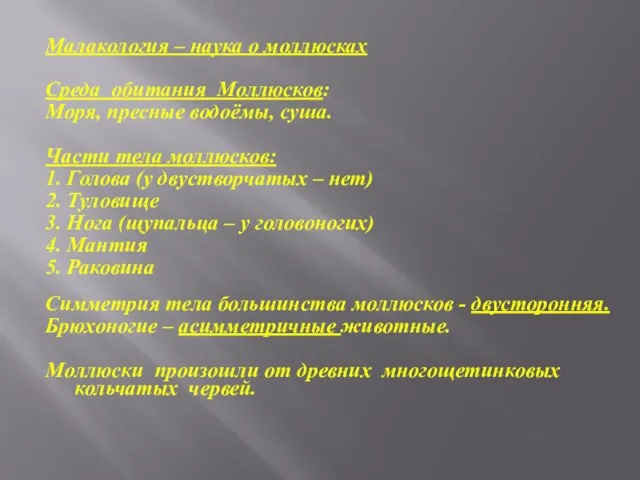 Малакология – наука о моллюсках Среда обитания Моллюсков: Моря, пресные водоёмы, суша.