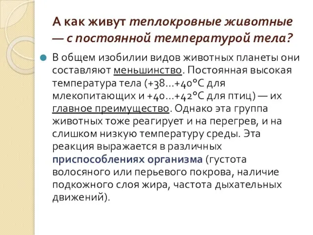 А как живут теплокровные животные — с постоянной температурой тела? В общем