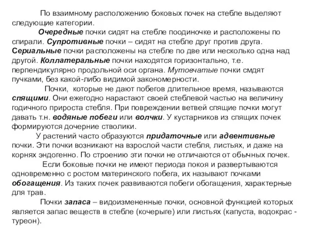 По взаимному расположению боковых почек на стебле выделяют следующие категории. Очередные почки