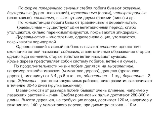 По форме поперечного сечения стебля побеги бывают округлые, двухгранные (рдест плавающий), трехгранные