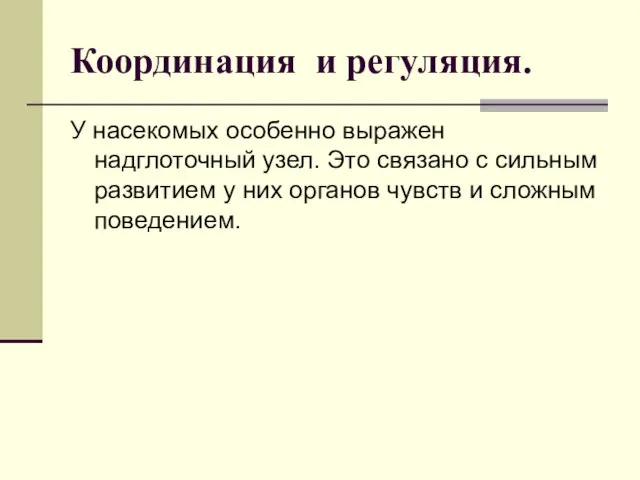 Координация и регуляция. У насекомых особенно выражен надглоточный узел. Это связано с