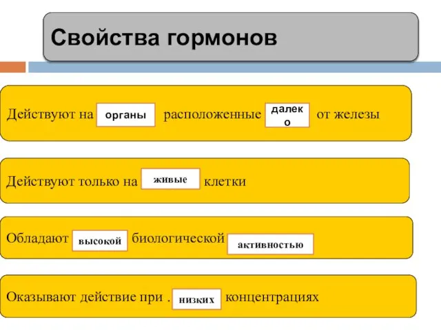 Свойства гормонов Действуют на … расположенные … от железы Действуют только на