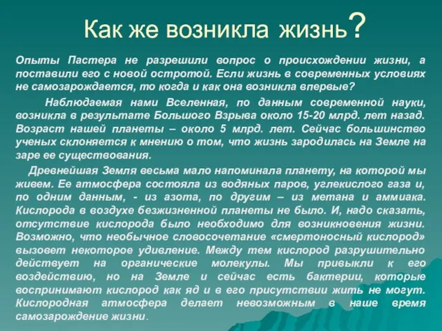 Как же возникла жизнь? Опыты Пастера не разрешили вопрос о происхождении жизни,