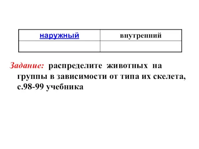 Задание: распределите животных на группы в зависимости от типа их скелета, с.98-99 учебника