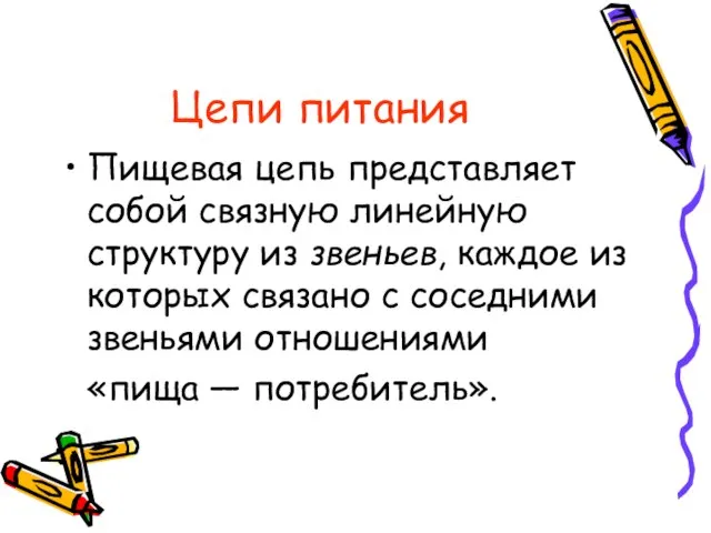 Цепи питания Пищевая цепь представляет собой связную линейную структуру из звеньев, каждое