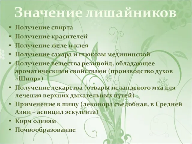 Значение лишайников Получение спирта Получение красителей Получение желе и клея Получение сахара