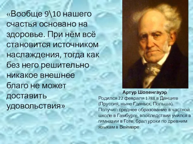 Артур Шопенгауэр Родился 22 февраля 1788 в Данциге (Пруссия, ныне Гданьск, Польша).