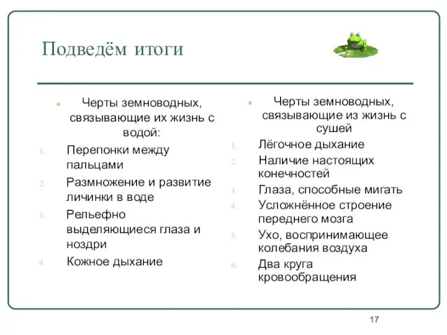 Подведём итоги Черты земноводных, связывающие их жизнь с водой: Перепонки между пальцами