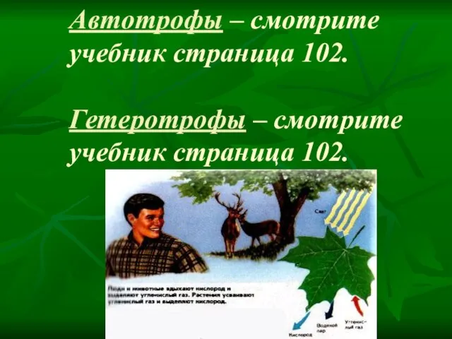 Автотрофы – смотрите учебник страница 102. Гетеротрофы – смотрите учебник страница 102.