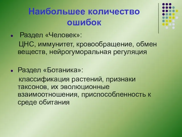 Наибольшее количество ошибок Раздел «Человек»: ЦНС, иммунитет, кровообращение, обмен веществ, нейрогуморальная регуляция