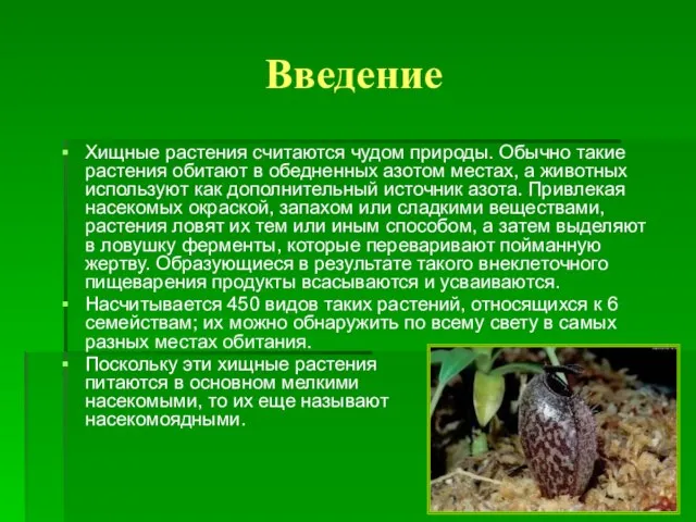 Введение Хищные растения считаются чудом природы. Обычно такие растения обитают в обедненных