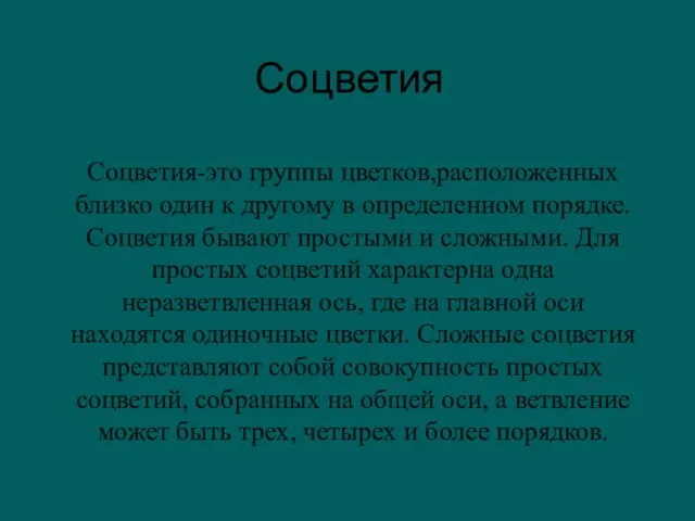 Соцветия Соцветия-это группы цветков,расположенных близко один к другому в определенном порядке.Соцветия бывают