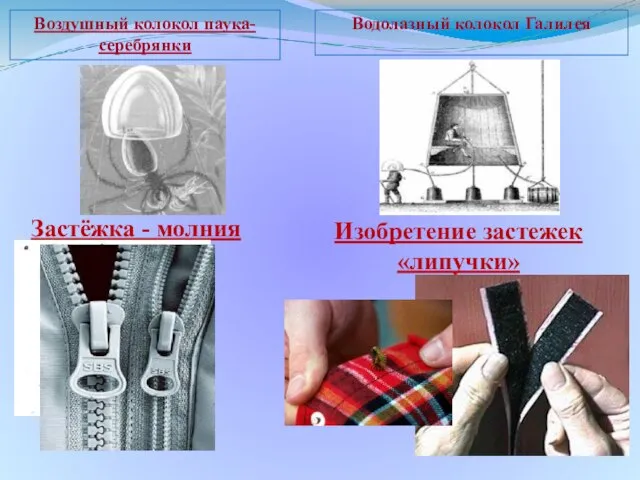 Водолазный колокол Галилея Воздушный колокол паука-серебрянки Застёжка - молния Изобретение застежек «липучки»