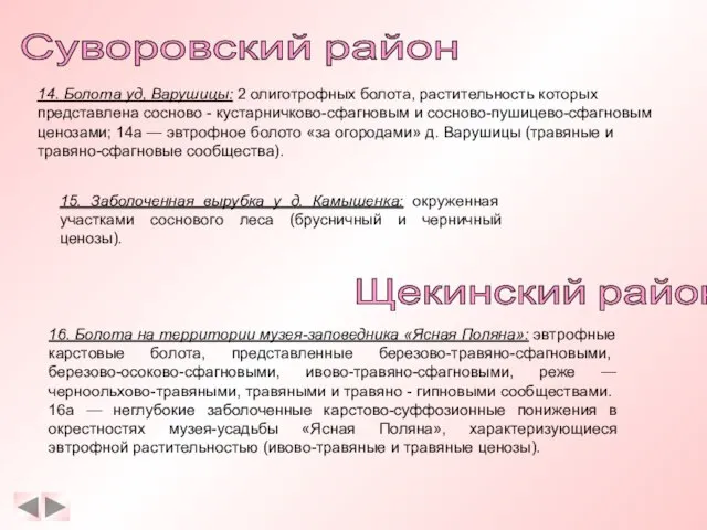 Суворовский район 14. Болота уд, Варушицы: 2 олиготрофных болота, растительность которых представлена