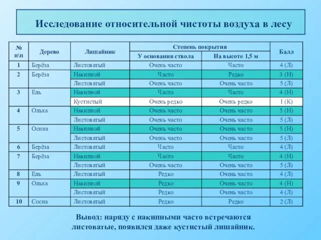 Исследование относительной чистоты воздуха в лесу Вывод: наряду с накипными часто встречаются