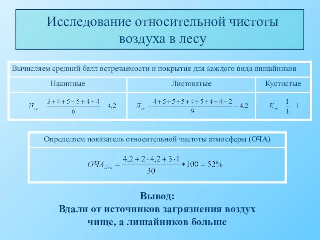 Исследование относительной чистоты воздуха в лесу Вывод: Вдали от источников загрязнения воздух чище, а лишайников больше