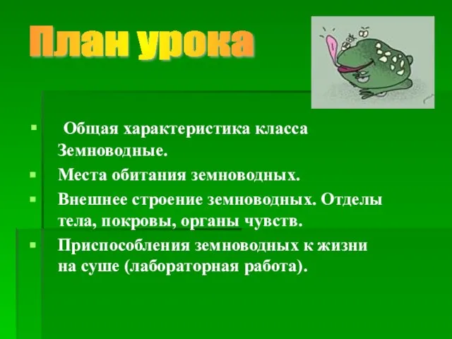 Общая характеристика класса Земноводные. Места обитания земноводных. Внешнее строение земноводных. Отделы тела,