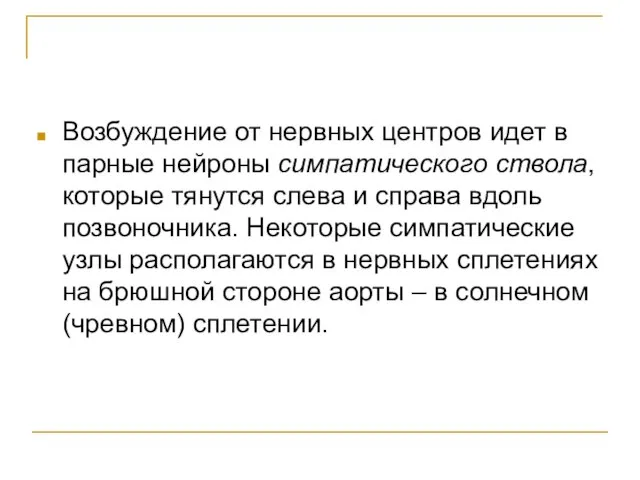 Возбуждение от нервных центров идет в парные нейроны симпатического ствола, которые тянутся