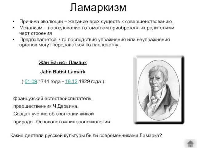 Ламаркизм Причина эволюции – желание всех существ к совершенствованию. Механизм – наследование