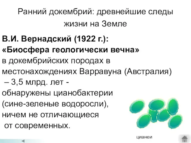 Ранний докембрий: древнейшие следы жизни на Земле В.И. Вернадский (1922 г.): «Биосфера