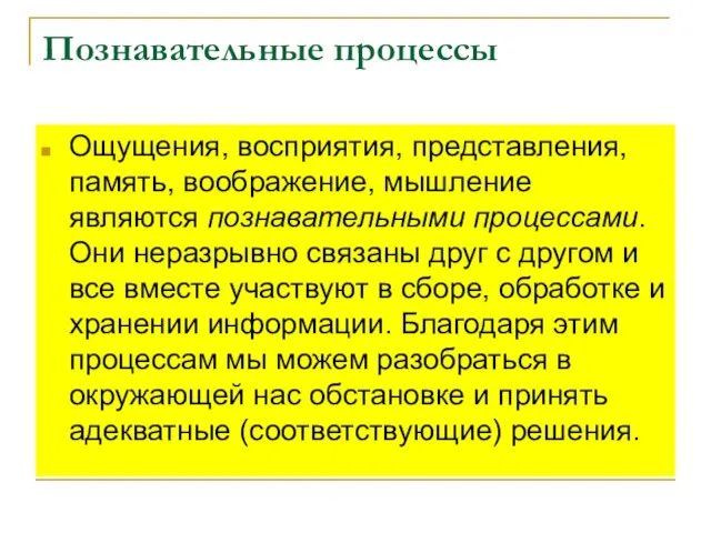 Познавательные процессы Ощущения, восприятия, представления, память, воображение, мышление являются познавательными процессами. Они