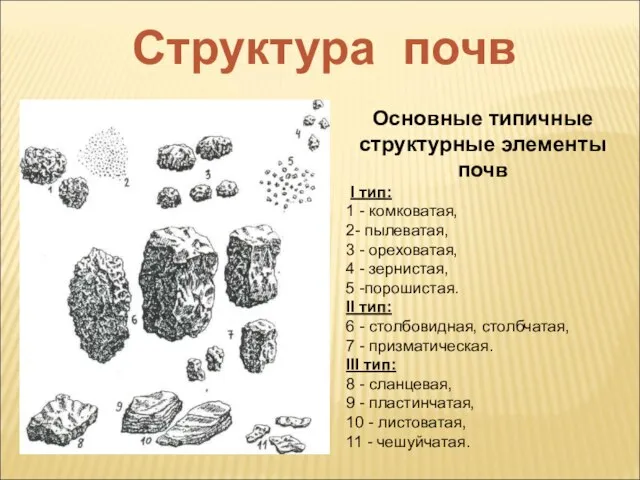 Основные типичные структурные элементы почв I тип: 1 - комковатая, 2- пылеватая,