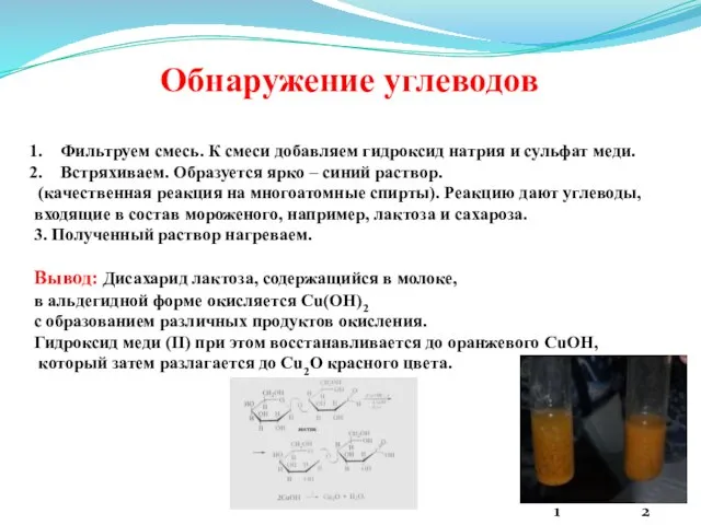 Обнаружение углеводов Фильтруем смесь. К смеси добавляем гидроксид натрия и сульфат меди.