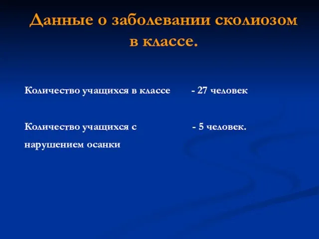 Данные о заболевании сколиозом в классе. Количество учащихся в классе - 27