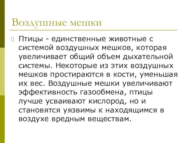 Воздушные мешки Птицы - единственные животные с системой воздушных мешков, которая увеличивает