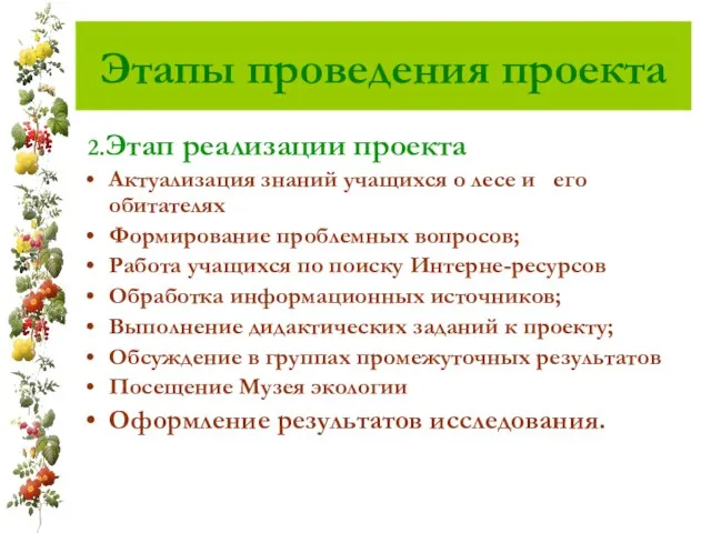 Этапы проведения проекта 2.Этап реализации проекта Актуализация знаний учащихся о лесе и