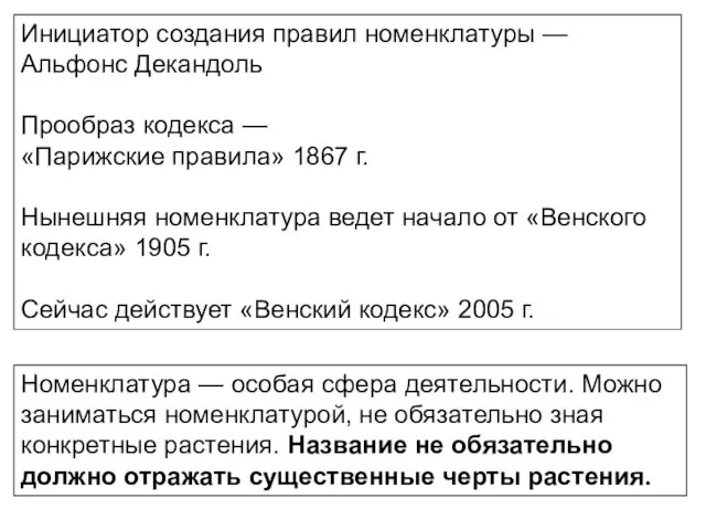 Инициатор создания правил номенклатуры — Альфонс Декандоль Прообраз кодекса — «Парижские правила»