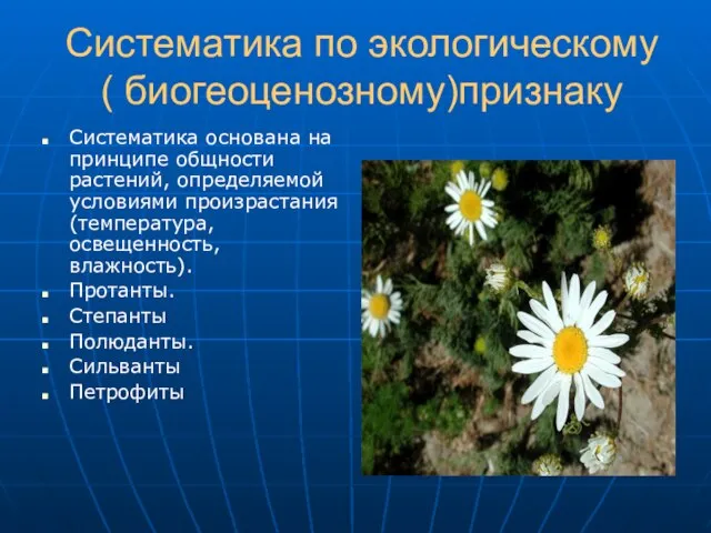 Систематика по экологическому ( биогеоценозному)признаку Систематика основана на принципе общности растений, определяемой