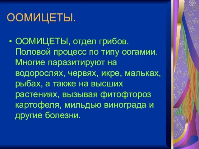 ООМИЦЕТЫ. ООМИЦЕТЫ, отдел грибов. Половой процесс по типу оогамии. Многие паразитируют на