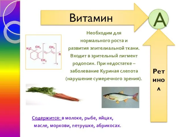 Необходим для нормального роста и развития эпителиальной ткани. Входит в зрительный пигмент