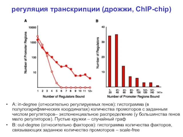 регуляция транскрипции (дрожжи, ChIP-chip) A: in-degree (относительно регулируемых генов): гистограмма (в полулогарифмических