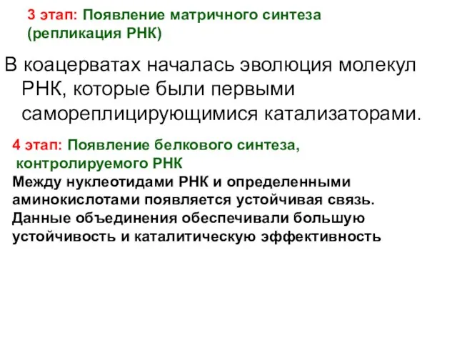 3 этап: Появление матричного синтеза (репликация РНК) В коацерватах началась эволюция молекул