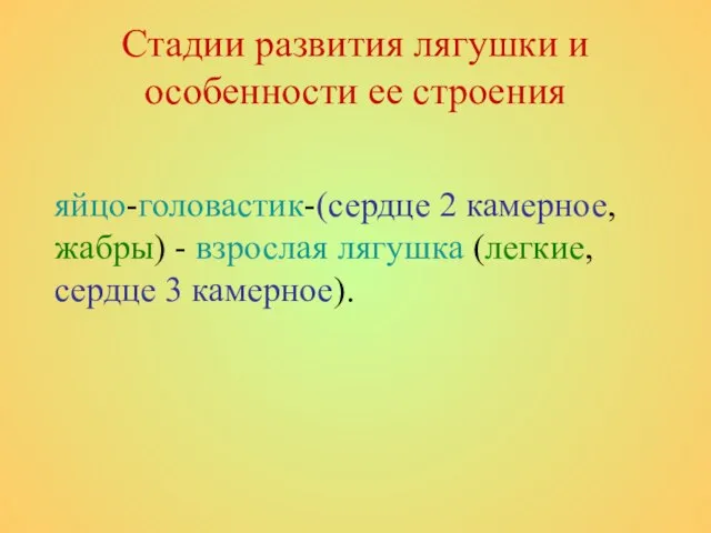 Стадии развития лягушки и особенности ее строения яйцо-головастик-(сердце 2 камерное, жабры) -