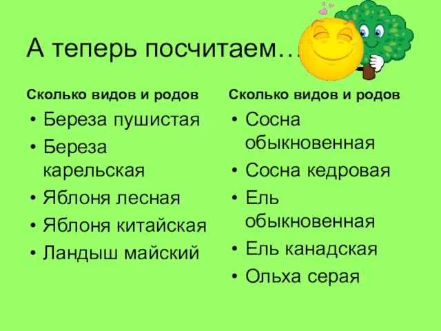 А теперь посчитаем…. Сколько видов и родов Береза пушистая Береза карельская Яблоня