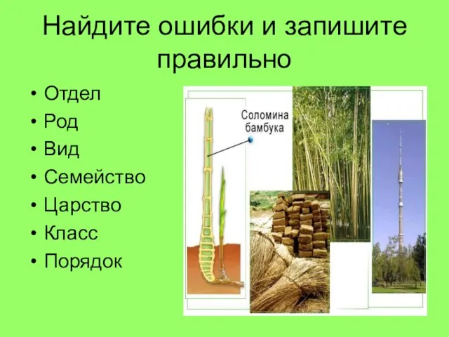 Найдите ошибки и запишите правильно Отдел Род Вид Семейство Царство Класс Порядок