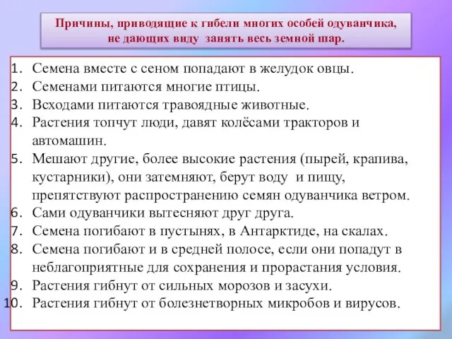 Причины, приводящие к гибели многих особей одуванчика, не дающих виду занять весь