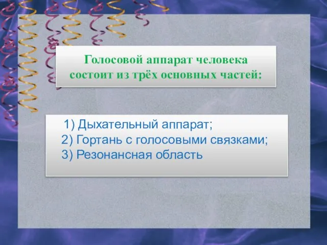 Голосовой аппарат человека состоит из трёх основных частей: 1) Дыхательный аппарат; 2)